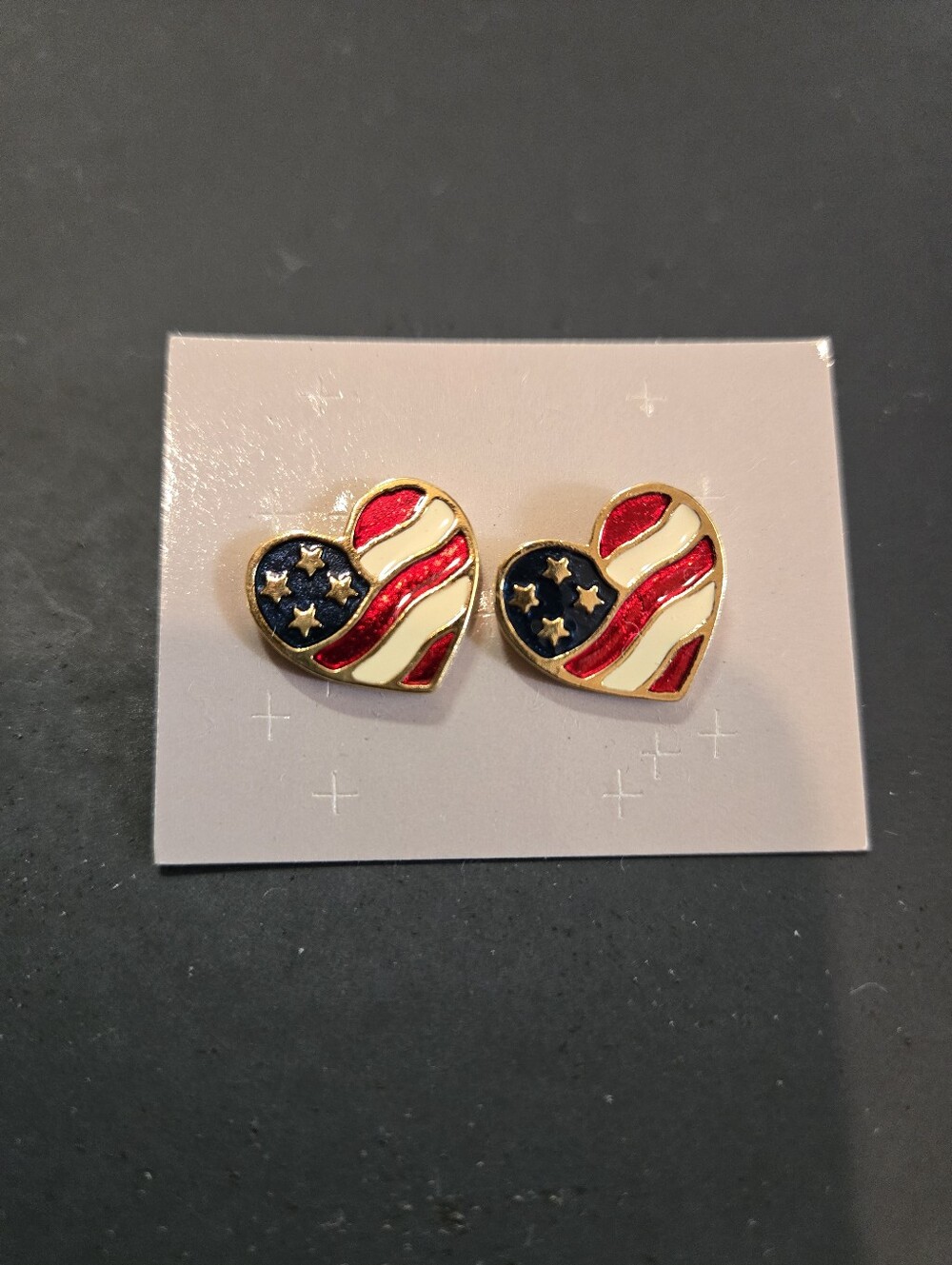 Vintage Avon 1992 Patriotic Heart Stud Earrings - Gold Tone Red, White & Blue